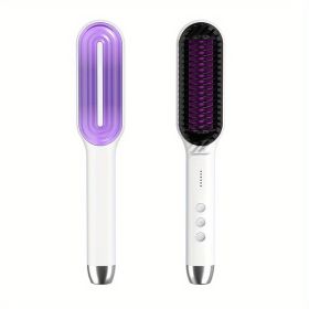 Professional Hair Straightener Brush Electric Straightening Beard Comb Electric Straightening Beard Comb Hairdressing Tool With 5-speed Temperature Co (Color: PURPLE)